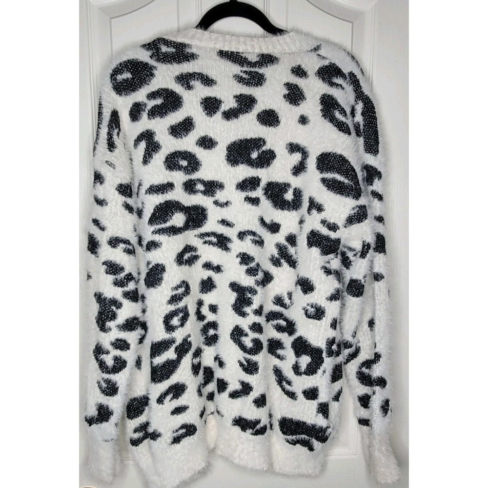 Vestidos White Black Knit Cardigan Sweater Leopard Animal Print Button M Women - Picture 2 of 6